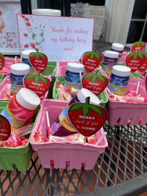 Very Berry 1st Birthday, My Berry First Birthday Party Favors, Strawberry Party Favors Kids, Strawberry Theme Candy Table, Strawberry Themed Food Birthday Parties, Strawberry 1st Birthday Party Food, Berry First Birthday Gift Bags, Strawberry Birthday Favors, Very Berry Birthday Party