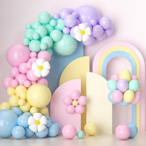 Pastel Party Decorations, Rainbow Balloon Arch, Baby Shower Balloon Arch, Pastel Birthday, Girls Party Decorations, Pastel Party, Easter Party Decor, Pastel Balloons, Purple Balloons