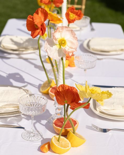 When @annapaulinephotography @stoddardfloralandco and I were designing this bridesmaids tablescape, we stumbled upon a floral design that had florals organically growing out of sunset colored fruit. The poppies were Anna’s favorite of the day and boy did they turn out incredibly beautiful! Do you like poppies in floral design? 😍 Photographer: @_ameysphotography Creative Director: @annapaulinephotography Planner: @bashboulevard Venue: @theantillamansion Florist: @stoddardfloralandco Hair... Poppies Table Setting, Flower Base Ideas Diy, Potted Plant Tablescape, Fruit Bachelorette Party, Fruit Decorations Wedding, Sunset Tablescape, Colorful Wedding Table Settings, Fruit Wedding Decor, Flowers With Fruit