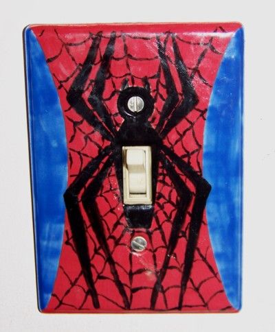 Spiderman Light Switch, Spider Man Light Switch, Light Switch Covers Diy Paint, Outlet Covers Painting, Spiderman Room Decor, Light Switch Covers Diy, Spiderman Room, Boys Game Room, Bisque Pottery