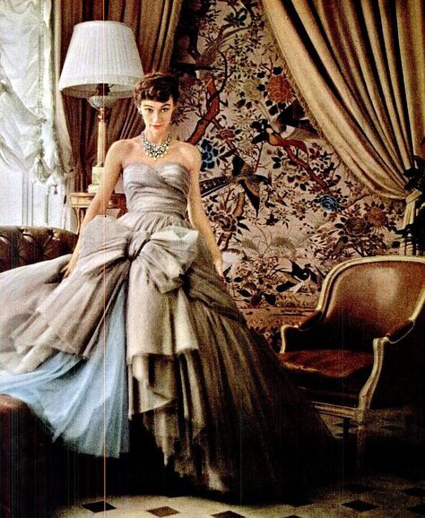 In the sun room of Dior's house in Passy, Sophie Malgat wears the newest of Dior's "big" ball gowns, the skirt has 12 layers and is separate from the bodice because of its weight, photo by Mark Shaw, 1953 Sophie Malgat, Big Ball Gowns, Fashion 1950s, Vintage Fashion Photography, French Fashion Designers, Dior Fashion, Vintage Gowns, Vintage Couture, Dior Couture