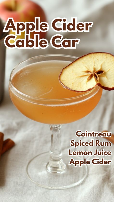 Apple Cider Cable Car Cocktail Rum Apple Cider Cocktail, Apple Cider Spiced Rum Cocktail, Sparkling Apple Cider Cocktail, Fall Rum Cocktails, Apple Cider Cocktail Recipes, Rum Apple Cider, Spiced Rum Drinks, Spiced Rum Cocktails, Cocktail Cards