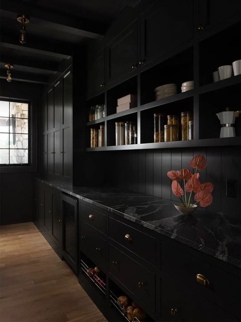 This Family of Seven's Ada, Michigan, Home Has Tile Ideas to Spare Marble Fluting, All Black Kitchen, Plan Studio, Modern Glam Living Room, Black Backsplash, Clapboard Siding, Custom Home Building, Black Kitchen Island, Dark House