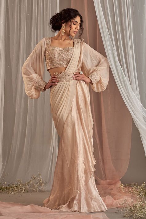 Shop for these amazing collections of Pink Crepe Embroidered Sequins Square Neck Ruffle Pre-draped Saree With Blouse For Women by Nidhika Shekhar online at Aza Fashions. Ruffle Saree, Crepe Saree, Rose Champagne, Drape Saree, Ready To Wear Saree, Indian Wedding Wear, Balloon Sleeve Blouse, Blouse For Women, Puff Sleeve Blouse