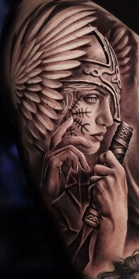 62 SHOCKING FREYA TATTOO: Meanings, Tattoo Ideas & Tattoo Designs - TATTOOGOTO Freya Tattoo, Rose Arm Tattoo, Alas Tattoo, Viking Warrior Tattoos, Female Warrior Tattoo, Harley Tattoos, Norse Mythology Tattoo, Valkyrie Tattoo, Viking Tattoo Sleeve