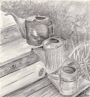 .drawing of watering cans.               t Watering Can Sketch, Country Sketches, Graphite Sketches, Can Sketch, Things To Draw Ideas, To Draw Ideas, Easy Things To Draw, Pencil Drawings For Beginners, Pencil Sketching