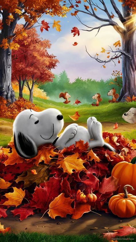 Immerse yourself in a heartwarming autumn landscape featuring Snoopy joyfully resting on a vibrant pile of colorful leaves. Surrounded by shades of orange, red, and gold, and cheerful squirrels frolicking nearby, this cozy scene captures the essence of fall. Warm sunlight filters through tall trees, while a festive pumpkin adds charm. Experience the tranquility of fall with this delightful wallpaper. #Snoopy #AutumnWallpaper #FallVibes Iphone Wallpaper Purple Flower, Happy Thanksgiving Wallpaper, Fall Background Wallpaper, Charlie Brown Halloween, Cute Blue Wallpaper, Thanksgiving Wallpaper, Beautiful Butterflies Art, Snoopy Images, Snoopy Wallpaper