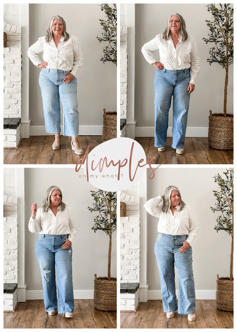 Wide-leg jeans can be flattering for plus-size women and I've found four pairs that are well worth a try-on and I'm sharing three styling tips for how to make them work for curvy figures. Wide Leg Jeans Black Outfit, Wide Leg Pants Curvy, Jeans For Big Thighs, Plus Size Wide Leg Jeans, How To Wear Wide Leg Jeans, Wide Leg Jeans Plus Size, Wide Leg Jeans Black, Size 12 Body, Black Outfit Ideas