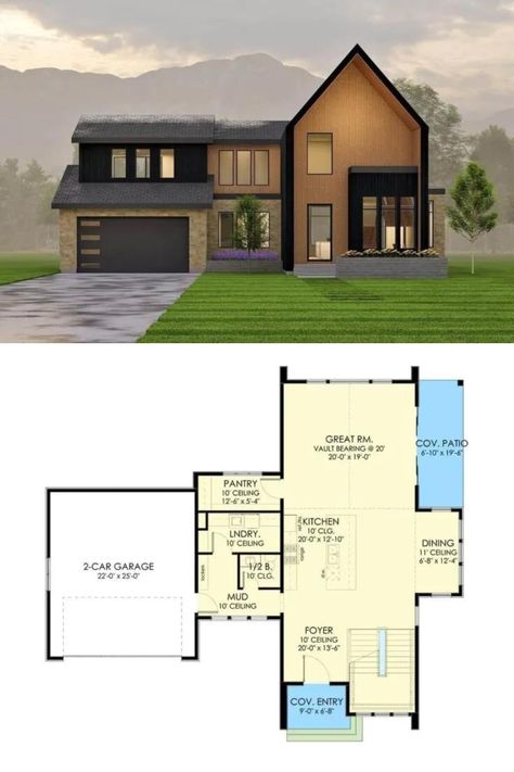 4-Bedroom Two-Story Scandinavian Style House Plan with Loft and 2-Car Garage Scandinavian Farmhouse Floor Plans, 4 Bedroom Scandinavian House Plans, Scandinavian Floor Plans, Scandinavian Home Plans, Scandinavian Style House, Modern Scandinavian Farmhouse, Scandinavian House Plans, Scandinavian Flooring, Bedroom Scandinavian Style