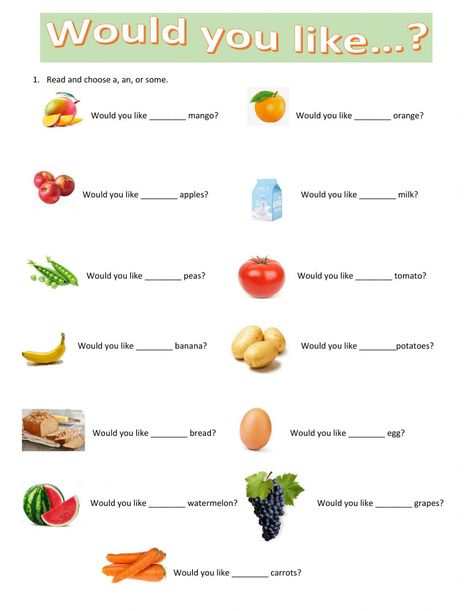 Would You Like Worksheets, Healthy Food Chart, Food Chart, Present Perfect, Wallpaper Abstract, English As A Second Language (esl), English Worksheets, English As A Second Language, Interactive Activities