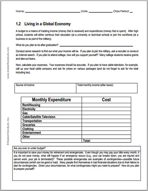 Monthly Budget Worksheet for Economics - Free to print (PDF file). Grades 7-12. Budgeting Activities For High School, Middle School Economics, Economics Worksheets, High School Economics, Division Worksheets Grade 4, Economics Student, Science Subject, Math Division Worksheets, Teaching Economics