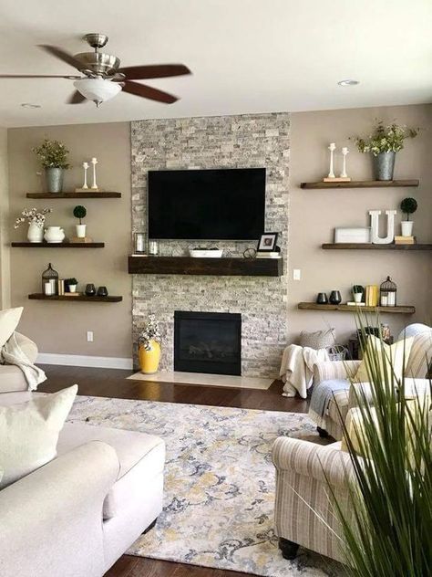 Maximizing Your Space: Floating Shelves Next to Fireplace Floating Shelves Next To Fireplace, Shelves Next To Fireplace, Shelves Around Fireplace, Floating Shelves Living Room, Fireplace Shelves, Living Room Decor Fireplace, Home Fireplace, Living Room Tv Wall, Living Room Remodel