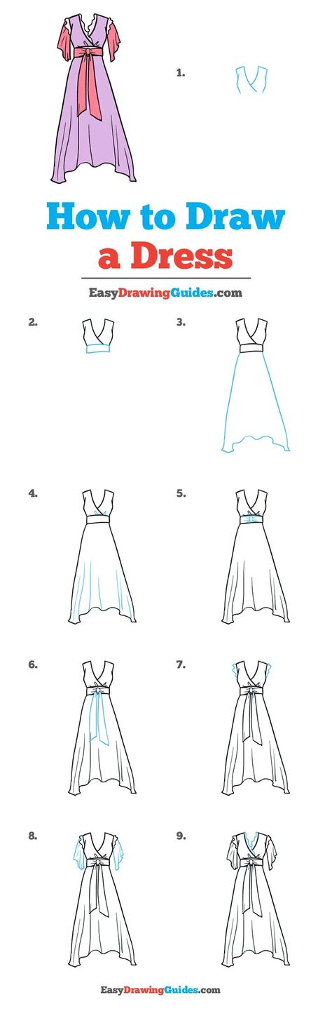 Learn How to a Draw Dress: Easy Step-by-Step Drawing Tutorial for Kids and Beginners. #Dress #DrawingTutorial #EasyDrawing See the full tutorial at https://easydrawingguides.com/how-to-draw-a-dress/. Dress Step By Step Drawing, Drawing A Dress Step By Step, Clothes Drawing Step By Step, Easy Dress Sketches For Beginners, Dress Drawing Easy Step By Step, How To Draw Dresses Step By Step Easy, Easy Fashion Sketches For Beginners, How To Draw A Dress Step By Step, How To Draw Clothes Step By Step