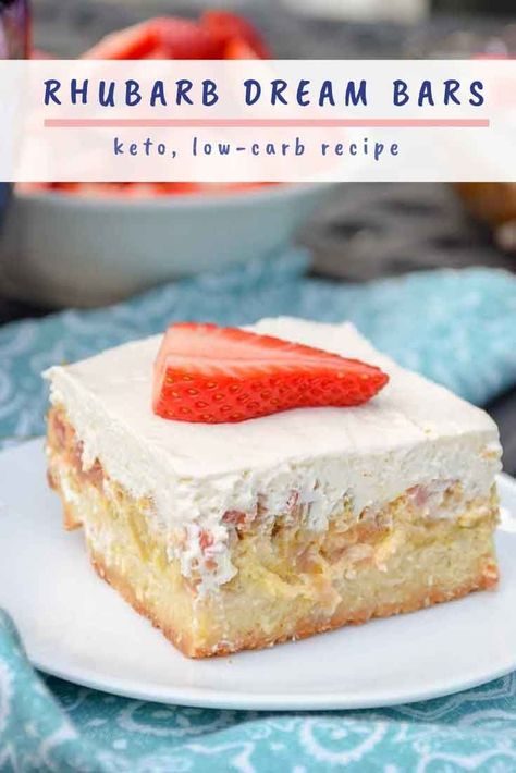 - Rhubarb Dream Bars are a low carb keto version of the traditional custard bar. This delicious dessert will become one of your favorite keto rhubarb recipes! Keto Rhubarb, Breakfast Recipes Keto, Rhubarb Dream Bars, Rhubarb Dessert, Rhubarb Coffee Cakes, Rhubarb Desserts, Dream Bars, Rhubarb And Custard, No Carb Recipes