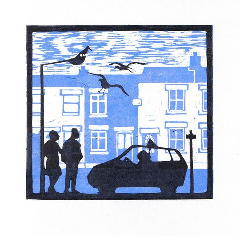 Taxi by blue cottages linocut by starmagnolialino on Etsy Everyday Scenes, Printmaking Projects, Linocut Printmaking, Foto Transfer, Lino Art, Relief Printing, Lino Cut, Linocut Art, Woodcuts Prints