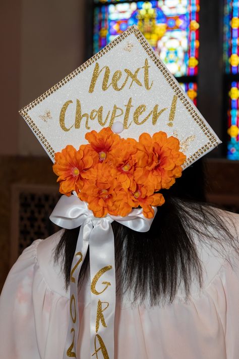 Orange Graduation Cap Decoration, Graduation Cap Designs Red And White, Graduation Cap Designs Orange, Orange Grad Cap Ideas, Graduation Cap Designs Red, Yellow Graduation Cap, White Cap And Gown, Green Graduation Cap, 2enior Ye4r