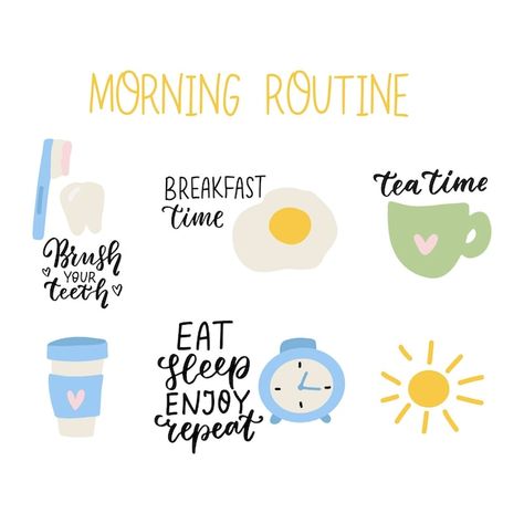 Morning routine stickers daily routine c... | Premium Vector #Freepik #vector #task-management #time-sheet #time-management #working-time Routine Illustration, Daily Routine Stickers, Daily Routine Artwork, Daily Routine Bullet Journal, Morning Routine Bullet Journal, Daily Task, Daily Routine, Digital Journal, Breakfast Time