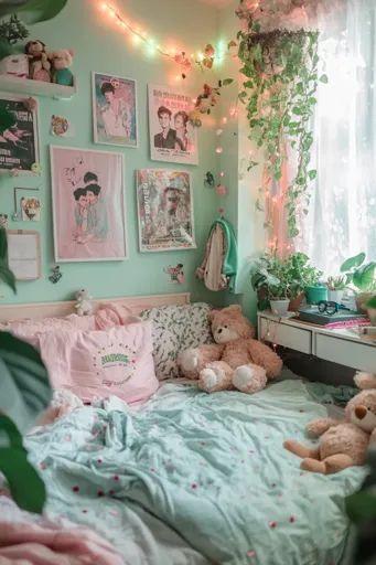 ↑↑↑ Larger size on website 🔸 A bedroom with a light green and pink color scheme. The bed is made with a light green and pink patt Room Ideas Aesthetic Green And Pink, Pink And Green Aesthetic Bedroom, Pink Green Room, Green Pink Bedroom, Cozy Feminine Bedroom, Pink And Green Room, Green And Pink Bedroom, Pink And Green Bedroom, Pink Green Bedrooms