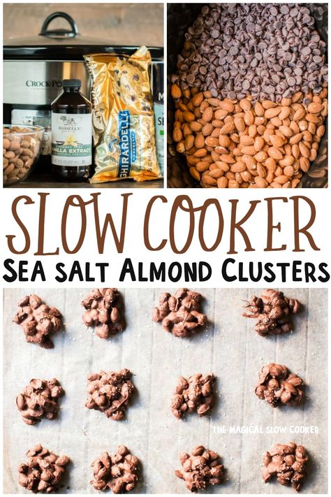 Slow Cooker Sea Salt Chocolate Almond Clusters Crock Pot Nut Clusters, Crockpot Almond Clusters, Crock Pot Almonds, Crock Pot Chocolate Peanut Clusters, Slow Cooker Almonds, Chocolate Almond Clusters, Candies Recipes, Chocolate Board, Almond Clusters