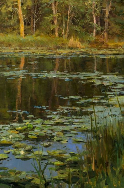 Tree Reference, Water Oil Painting, Oil Painting Background, Reflection Painting, Plein Air Landscape, Water Reflection, Lake Painting, Water Reflections, Lily Pond