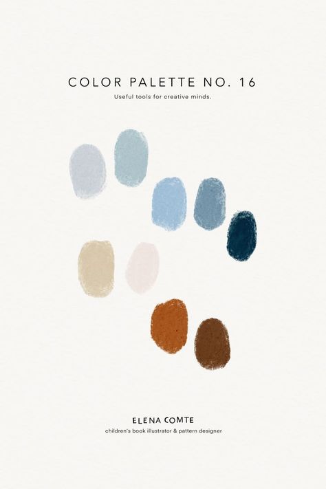 Color Palette No. 16 by Elena Comte. Gouache color swatches are: sky blue, mystic blue, mountain blue, pacific blue, prussian blue, pistache, canvas, rust and sepia. Elena Comte is a children's book illustrator and pattern designer that creates tools for creative minds. To view all her color palettes and favorite digital brushes, visit her resource page on her website. Mountain Palette, Blue And Rust Color Palette, Sky Colour Palette, Elena Comte, Rust Blue Color Palette, Sky Blue Palette, Sky Blue Color Palette, Illustration Color Palette, Color Palette With Blue