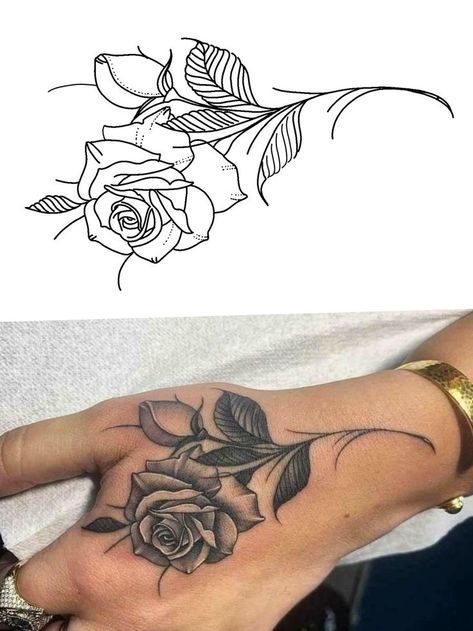 နင်းဆီ Tattoo, Simple Rose Tattoo Stencil, Simple Outline Tattoos For Women, Hand Tattoos Outline, Rose Hand Tattoo Stencil, Hand Tattoo Stencils Outline For Women, Rosa Tattoo Designs, Hand Outline Tattoo, Rose Hand Tattoo Woman