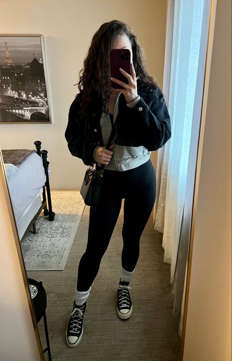 Black Crop Jean Jacket Outfit, Legging And High Socks Outfit, Womens Chuck Taylors Outfit, Leggings And Chucks Outfits, Scrunchie Socks Outfit, Leggings And Converse Outfit High Tops, Black Cropped Jean Jacket Outfit, Scrunchy Socks Outfit, Leggings And Jean Jacket Outfit