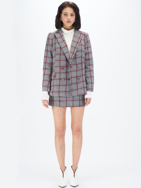 Double-breasted Plaid Office Blazer, Plaid Blazer And Skirt Set, Chic Double-breasted Plaid Blazer, Spring Plaid Double-breasted Blazer, Blazer Skirt Set, Luxury Single-breasted Plaid Blazer, Lapel Top, Blazer And Skirt Set, Blazer And Skirt