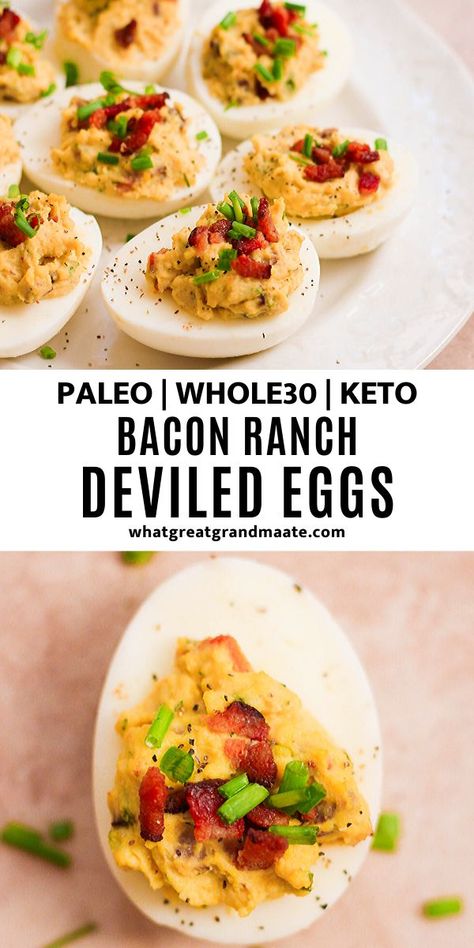 Bacon Ranch Deviled Eggs, Paleo Deviled Eggs, Keto Ranch, Ranch Deviled Eggs, Savory Bacon, Paleo Appetizers, Keto Bacon, Bacon Deviled Eggs, Whole30 Keto