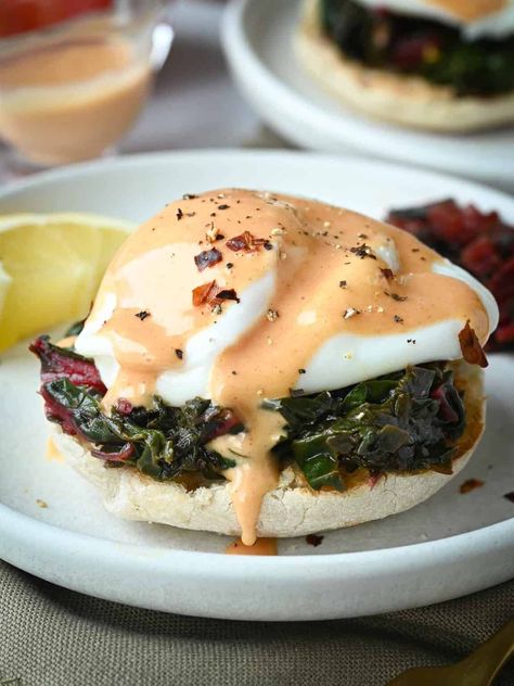 Swiss Chard Eggs Florentine with Tomato Hollandaise - Brunch & Batter Eggs Benedict Vegetarian, Tomato Hollandaise Sauce, Oat Milk Smoothie, Savory Brunch, Cottage Cheese Breakfast Bowl, Date Muffins, Cottage Cheese Breakfast, Recipe For Hollandaise Sauce, Fancy Brunch