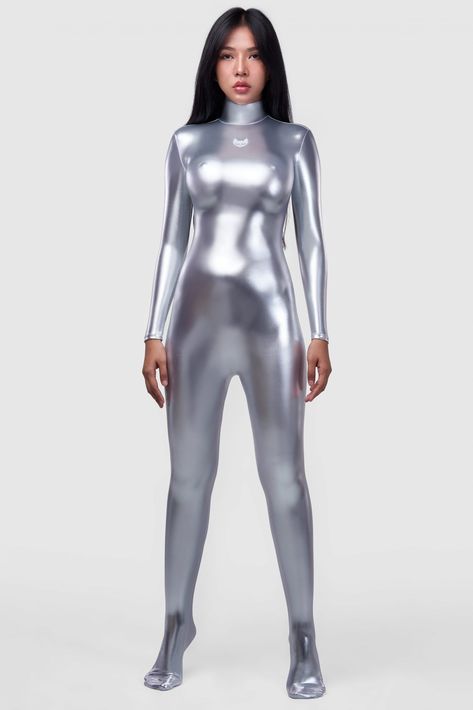 Silver Metallic Spandex Catsuit Lycra Zentai Bodysuit - Hiro Gato Hiro Gato, Turtleneck Leotard, Catsuit Outfit, Spandex Catsuit, Spandex Jumpsuit, Catsuit Bodysuit, Space Costumes, Zentai Suit, Rave Party