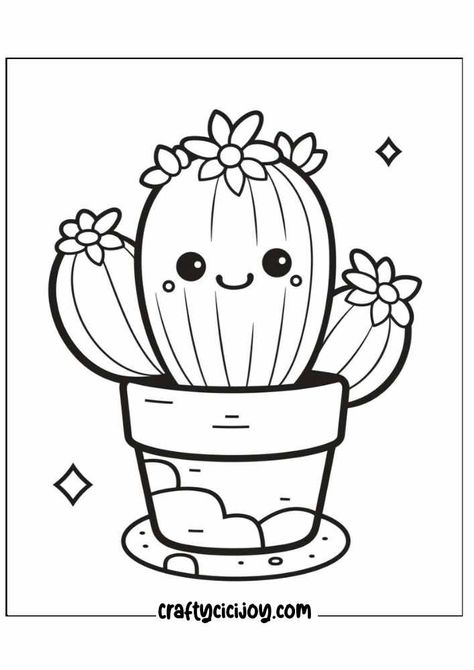 Cute Flower Pot Drawing, Cartoon Cactus Drawing, Cactus Coloring Page, Garden Coloring Pages, Cactus Drawing, Adorable Stickers, Cactus Illustration, Happy Birthday Frame, Cute Cactus