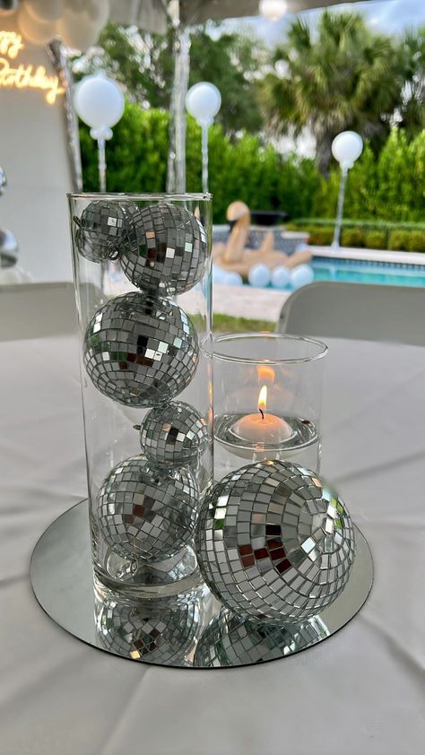 Make Your Day Disco Theme Decoration Ideas, Disco Party Decorations Table, Debut Centerpiece Ideas, Mirrorball Centerpiece, Disco Balloon Centerpiece, Disco Treat Table, Disco Ball Theme Decor, Nightclub Birthday Party, Disco Ball Table Decor Party Ideas