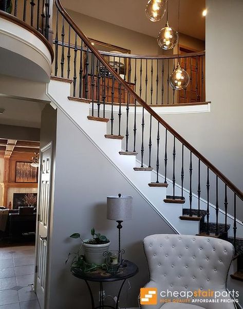 Craftsman Stair Railing Iron, Wrought Iron Doors Stair Railing, Black Iron Balusters, Brass Stair Baluster, Staircase Railings Ideas, Rot Iron Staircase Railings, Wrought Iron Stair Railing Farmhouse, Iron Banisters And Railings, Stair Refresh