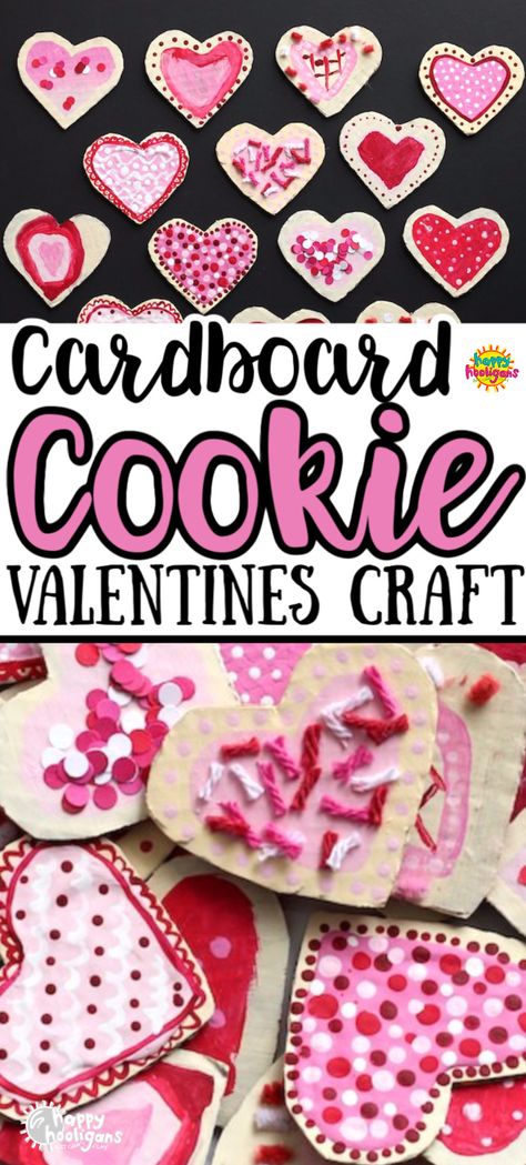 These cardboard Valentines cookies look so delicious, you'll think they're real! With paint for icing and yarn or pipe cleaners for sprinkles, this creative Valentines craft will delight kids of all ages. #HappyHooligans #Valentines #Craft #Tweens #Teens #Cardboard #Cookie #Heart #Crafts #Daycare #Activity Valentines Crafts Kids, Preschool Valentine Cards, Cookie Valentines, Valentine Wreath Craft, Preschool Valentines Activities, Valentines Cookie, Preschool Valentine Crafts, Toddler Valentine Crafts, Kindergarten Valentines