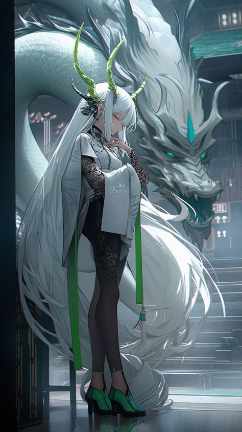 Humanoid Dragon, Female Dragon, Dragon Girl, D&d Dungeons And Dragons, White Hair, Fantasy Character Design, Cute Anime Character, Character Design Inspiration