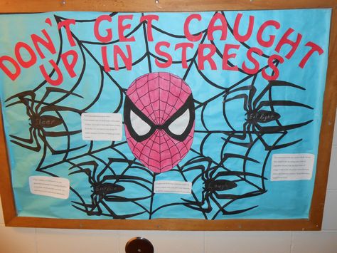 Spider Man Bulletin Board Ideas, Spiderman Bulletin Board, Destress Activities, Door Decorations Ra, Testing Bulletin Boards, Residence Life Bulletin Boards, Ra Programming, Res Life Door Decs, Res Life Bulletin Boards