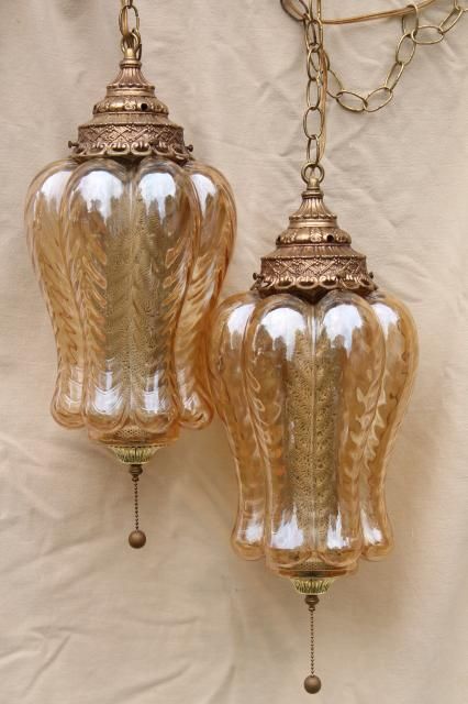 huge vintage swag lamps w/ curvy iridescent glass shades, lantern light pendants pair Swag Lamps, Antique Brass Pendant Light, Antique Brass Pendant, Colorful Chandelier, Antique Light Fixtures, Lantern Pendant Lighting, Swag Lamp, Swag Light, Vintage Light Fixtures