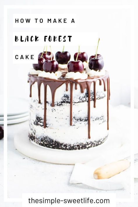 This homemade black forest cake takes chocolate cherry cakes to a whole new level! Pairing three layers of dark chocolate cake, a boozy cherry compote filling, velvety vanilla buttercream and a rich chocolate ganache drip, this cake strikes the perfect balance between rich and sweet. Cherry Cakes, Chocolate Ganache Drip, Cooking Secrets, Ganache Drip, Cherry Compote, Chocolate Cherry Cake, Dark Chocolate Cake, Cottage Designs, Cherry Filling