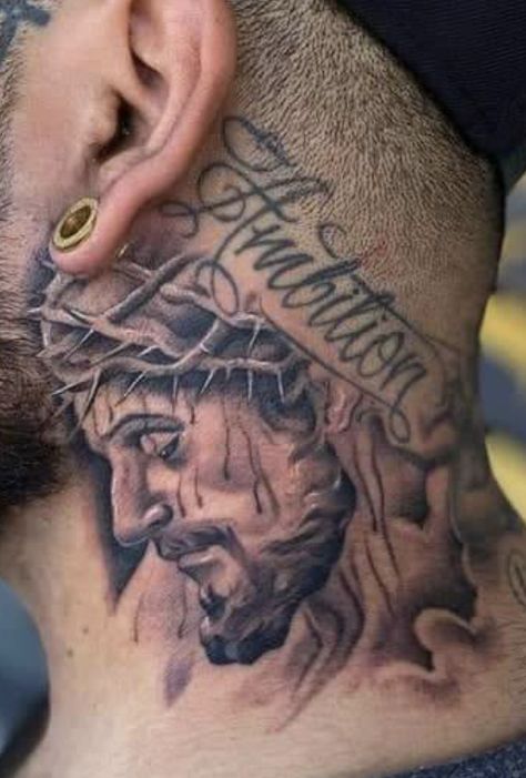 Men’s Head Tattoo, Good V Evil Tattoo, Side Head Tattoo Men, Bible Verse Neck Tattoo, Religious Neck Tattoo, Angel Neck Tattoo For Men, Jesus Neck Tattoo, Neck Sleeve Tattoo Men, Chicano Neck Tattoos