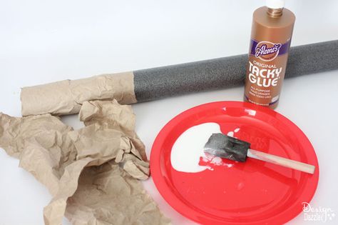 Supplies needed to make faux birch logs from pool noodles! Great Christmas decor. Check out the tutorial on Decigndazzle.com #diydecor #diychristmasdecor #diypoolnoodle Fake Birch Logs, Foam Pipe Insulation, Noodles Ideas, Pool Noodle Crafts, Birch Logs, Foam Paint, Kraft Paper Wrapping, Pool Noodle, Diy Pool