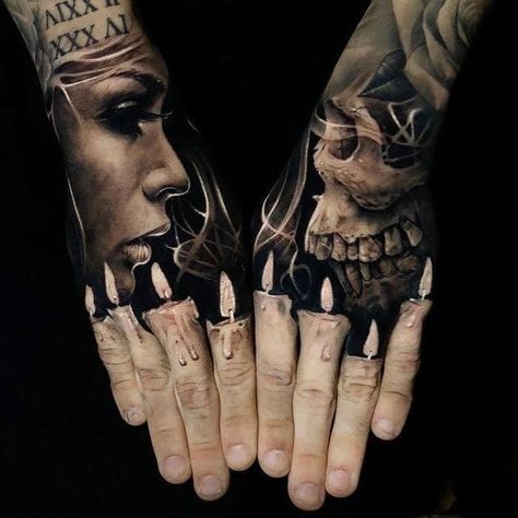 Candle Tattoo Design, Rihanna Hand Tattoo, Hand Tattoos For Men, Side Hand Tattoos, Full Hand Tattoo, Candle Tattoo, Rose Tattoos For Men, Knuckle Tattoos, Hand Tats