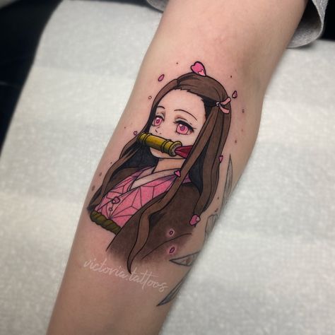 Nezuko Kamado from Demon Slayer done by Victoria.Tattoos #animetattoo #anime #animeicons #nezukokamado #nezukotattoo #demonslayer #demonslayertattoo #tattoo #colortattoo #tattooartist Demon Slayer Nezuko X Zenitsu, Stencils Tattoo, Tattoo Mom, Slayer Tattoo, Couple Matching Tattoo, Mom Tattoo Designs, Mom Tattoo, Tattoos For Black Skin, Cowgirl Art