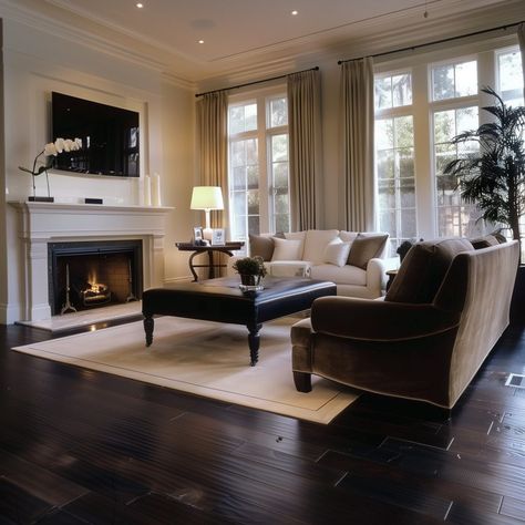 dark_wood_floors_living_room_decor_ideas_cozy 6 Dark Espresso Floors, Dark Floors Beige Walls, Scandinavian Living Room Dark Floors, Dark Floor Design Interior, Home Decor Ideas With Dark Wood Floors, Home Decor Dark Floors, Black Floor Interior Design, Dark Floor Home Decor, Living Rooms With Wood Floors