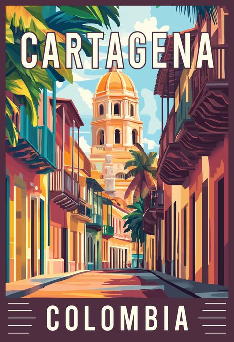 Explore the colorful streets and historic beauty of Cartagena, Colombia, with this vintage travel art. Known for its colonial architecture, lively culture, and stunning Caribbean coast, Cartagena offers an unforgettable blend of history and tropical vibes. Let this artwork inspire your next adventure to the heart of Colombia’s coastal paradise. 🌴🇨🇴 #CartagenaColombia #VintageTravelArt #ColombiaTravel #CaribbeanCharm Colombia Travel, Retro Travel Poster, Colonial Architecture, Travel Design, Mambo, Tropical Vibes, Travel Poster, Vintage Travel, Sticker Art