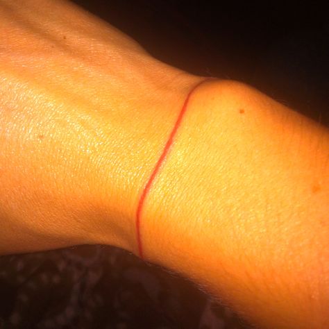 Single red band tattoo on right wrist Red String Tattoo, Fate Tattoo, Kabbalah Bracelet, Bracelet Tattoo, Tattoo For Son, Arm Band Tattoo, Tattoo Bracelet, Body Is A Temple, Red String