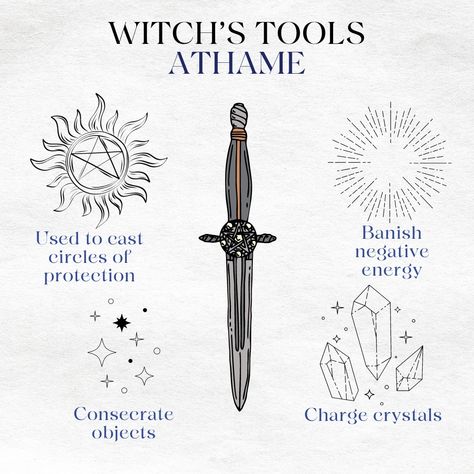 An Athame is traditionally a black-handled, double-edged knife that is used in Witchcraft & Wiccan practices. It is a ceremonial tool that is used to represent the element of Fire or Air depending on your practice. The Athame is used to draw energy, power, and protection from the Universe. It’s used to cast circles, invoking the pentagram, It is also used to cut through negative energy and purify space. #witchcraft #witch #witchesofinstagram #pagan #wicca #magic #witchyvibes #magick #witche... Wiccan Practices, Wicca Pentagram, Witch Pentagram, Element Of Fire, The Pentagram, Witch Tools, Charge Crystals, Energy Power, Air Signs