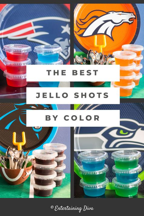 These are the best jello shot recipes ever! They taste great and are easy to make! Plus there's all different colors (red, blue, green, yellow, orange, purple, maroon and black) and different alcohol (vodka, rum, tequila and coconut rum). Lots of options to choose from! Perfect for supporting your favorite football team #entertainingdiva  #cocktails #drinks #jelloshots #superbowlparty #holidaysandparties Best Jello Shot Recipes, Orange Jello Shots, Strawberry Margarita Jello Shots, Rum Jello Shots, White Jello, Easy Jello Shots, Strawberry Daiquiri Mix, Blue Jello Shots, Sour Apple Pucker