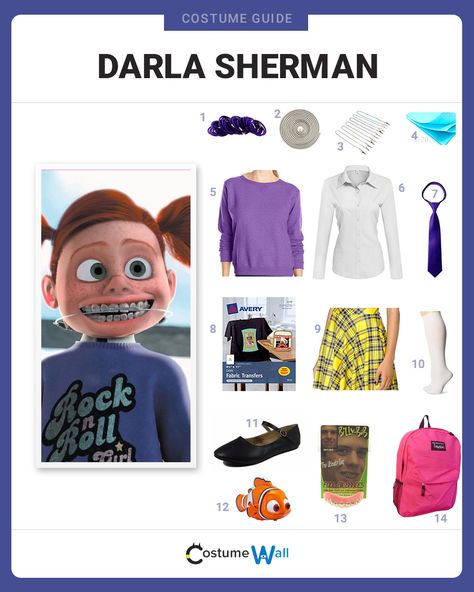 The best costume guide for dressing up like Darla Sherman, the bratty niece of the dentist, Philip Sherman in Disney Pixar's Finding Nemo. Darla Costume Finding Nemo, Finding Nemo Costume Diy, Costumes For Redheads, Redhead Costume, Finding Nemo Costume, Womens Halloween Costumes, Nemo Costume, Cartoon Halloween Costumes, Halloween Customer