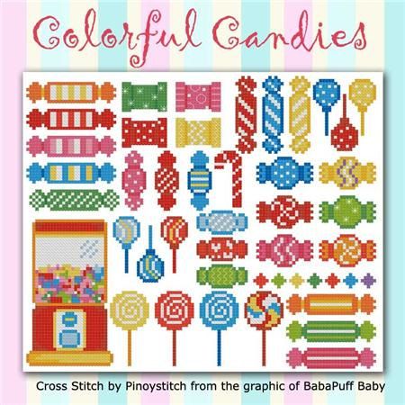 Colorful Candies cross stitch pattern by Pinoystitch from the graphic of BabaPuff Baby Candy Cross Stitch Pattern, Mini Cross Stitch Patterns, Tiny Cross Stitch, Cross Stitch Kitchen, Mini Cross Stitch, Mini Cross, Cross Stitch Borders, Diy Cross Stitch, Simple Cross Stitch